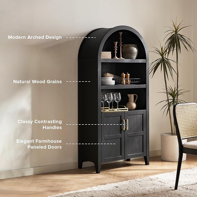 mopio Lauren 65.4" Short Arched Cabinet, 5-Tier Arched Bookcase with Doors and Shelves, Mini Arch Bookshelf with Storage, Wooden Storage Cabinet for Living Room and Kitchen Pantry (Set of 2, Black)