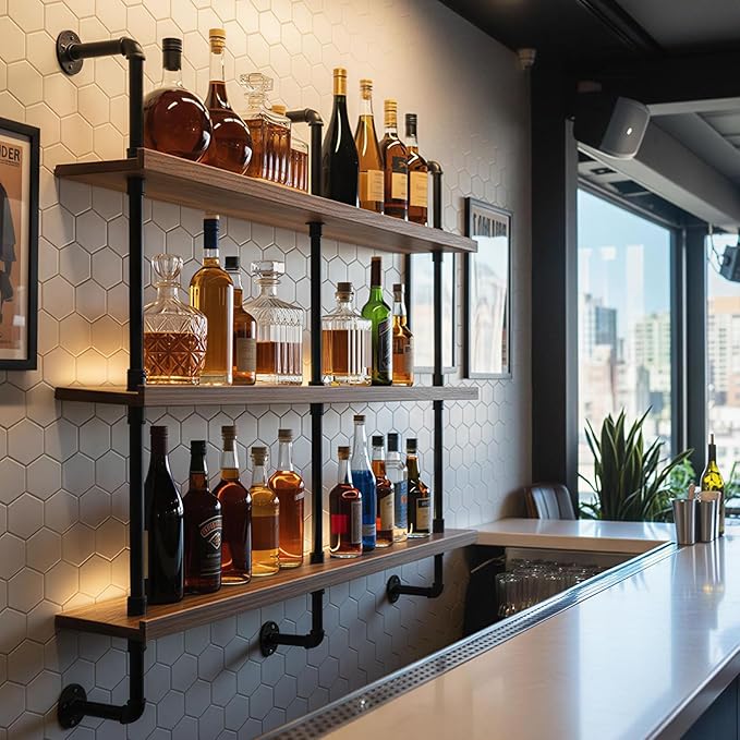 59-inch Modern Wall-Mounted Wine Rack with LED Lights, 3-Tier Liquor Bottle Display Bar Shelves, Industrial Wine Rack Floating Shelf, Multifunctional Wine Storage Rack for Home, Kitchen or Bar Decor