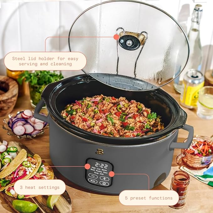 Beautiful 6 Quart Programmable Slow Cooker by Drew Barrymore ??Large Capacity, Ceramic Removable Pot, Tempered Glass Lid, Dishwasher Safe, Auto Keep Warm (Oyster Grey)