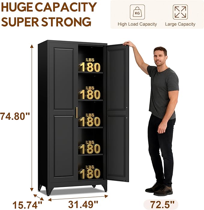 75" Kitchen Pantry Cabinet, Tall Storage Cabinet with Doors and 4 Shelves, Metal Storage Cabinets for Kitchens, Living Room, Dinning Room, Assembly Required, Black