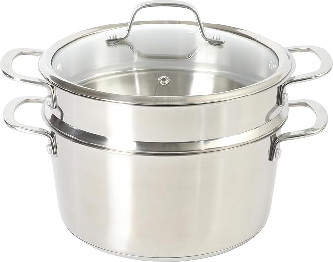 Sur La Table Kitchen Essentials Chef's Deck 3-Piece 5.3-Quart Stainless Steel Dutch Oven with Steamer Insert & Glass Lid ??Induction Ready, Tri-Ply Base, Polished Finish & Hollow Stay-Cool Handles