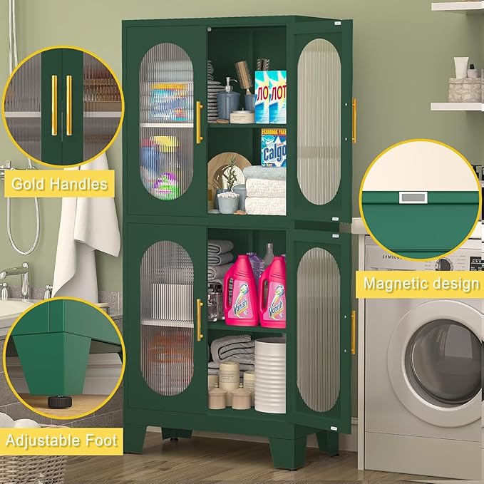 Pantry Storage Cabinet, 61" Pantry Cabinets with Acrylic Glass Doors and Adjustable Shelves, Metal Kitchen Storage Cabinet for Kitchen, Living Room, Laundry Room and Dinning Room（Green）