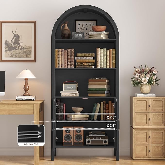 ONBRILL 71" Tall Arched Bookshelf, 5-Tier Arched Bookcase with Door & Storage Cabinet, Farmhouse Display Bookshelf Cabinet with Adjustable Shelf, Freestanding Wood Bookcase for Home Office, Study