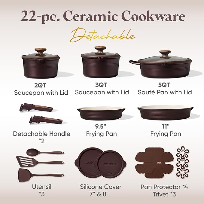 CAROTE 22Pcs Titanium Cookware Set, Pots and Pans Set Non Stick, Kitchen Cooking Set with Detachable Handle, Non Toxic Induction Cookware, Dishwasher/Oven Safe, Browm