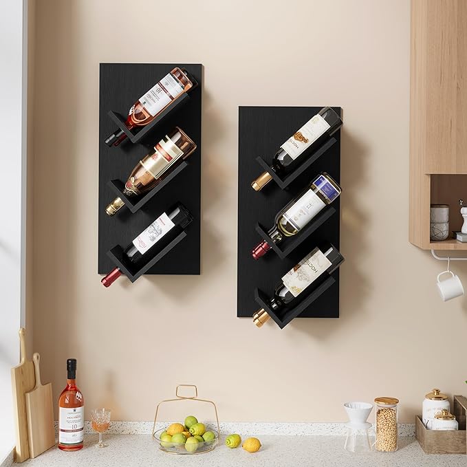 Hoctieon Wine Rack Wall Mounted, 6 Bottles Hanging Wine Racks Bar Shelves for Display & Storage, Rustic Wood Wine Bottle Holder for Home Bar, Kitchen, Dining Room, Black