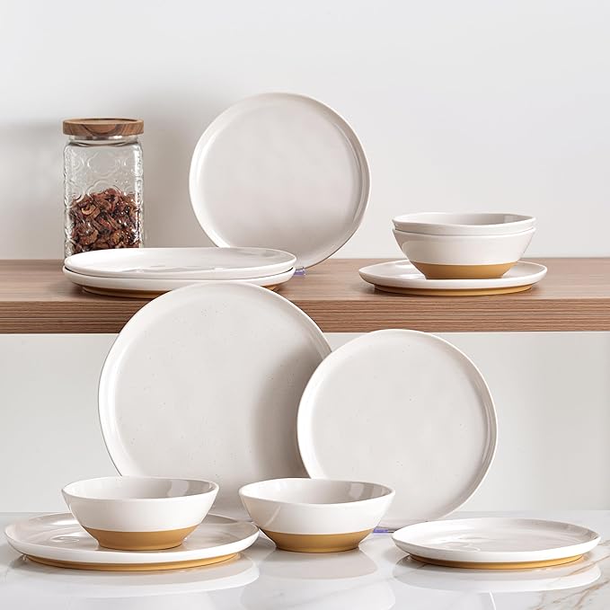 FINE&NICE Melamine Dinnerware Sets of 12 Pcs, Unbreakable Plates and Bowls Set for 4, Dinner Dishes Set for for Patio, RV and Camping, Dishwasher Safe (White with Brown)