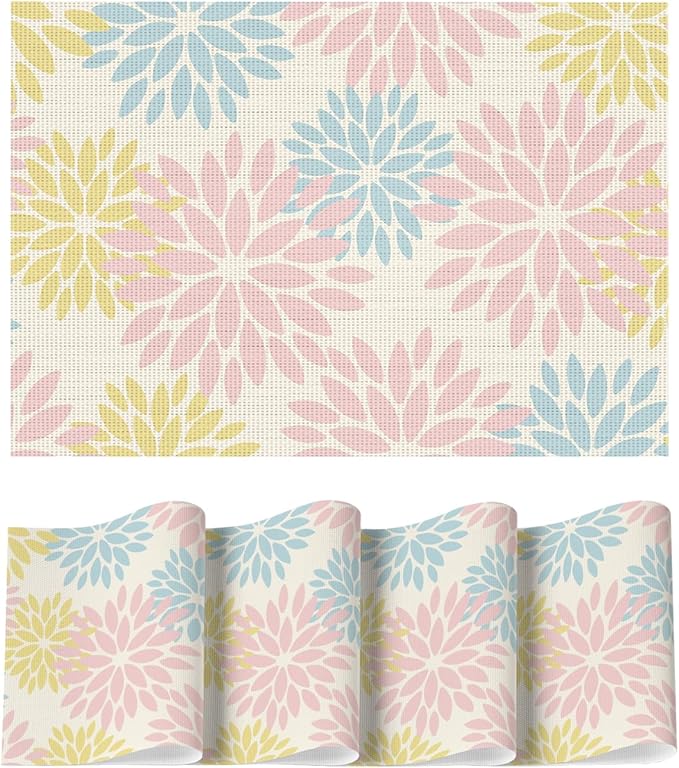 Artoid Mode Floral Vinyl Plastic Placemats Set of 4, 12x18 Inch Washable Non-Slip PVC Place Mats for Party Kitchen Dining Decor, Pink