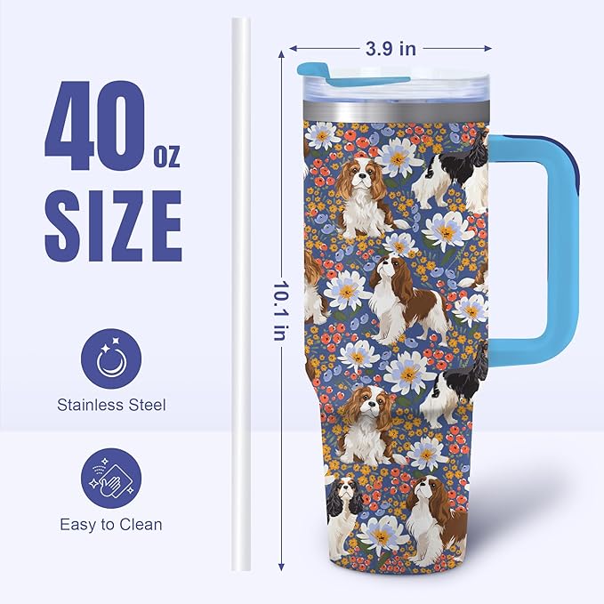 Yogusut Cavalier King Charles Spaniel Gifts for Women, 40oz Stainless Steel Insulated Tumbler Travel Mug Cup with Handle Straw, Gifts for Dog Mom Dog Lover