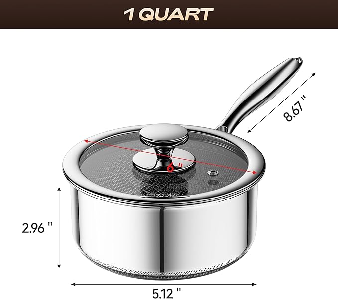 1 Quart Stainless Steel Saucepan with Glass Lid,6 Inch Hybrid Nonstick Sauce Pan,PFAS PFOA PTFE Free,Stay-Cool Handle,Dishwasher-Friendly,Oven-Safe,Small Pots Compatible with All Cooktops