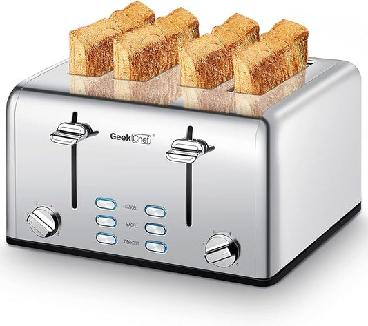 Toaster 4 Slice, Geek Chef Stainless Steel Toaster with Extra Wide Slotsï¼? Slot Toaster with Bagel/Defrost/Cancel Function, Dual Control Panel of 6 Toasting Bread Shade Settings, Removable Crumb Trays, High Lift Lever, ETL