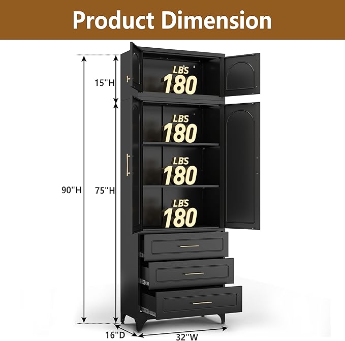 Kitchen Pantry Cabinet with 3 Drawers, 90" Tall Metal Storage Cabinets with Doors and Shelves, Food Cupboards for Dining, Living Room, 16" D x 32" W x 90" H, Black, Assembly Required