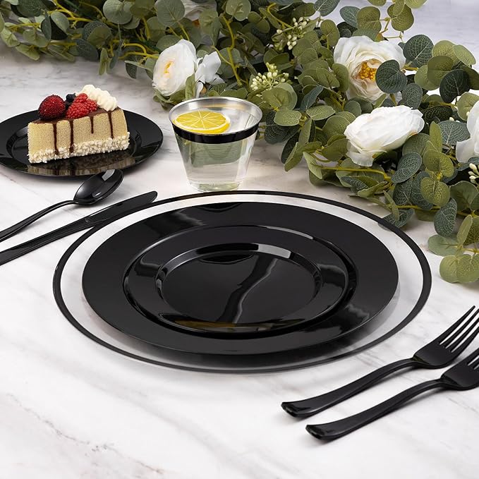 Goodluck 12 Inch Black Charger Plates, 50 Pack Clear Charger Plates with Black Trim, Disposable Plastic Dinnerware, Wedding, Party
