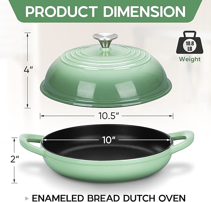 E-far Dutch Oven for Sourdough Bread Baking, 6 Qt Round Enameled Cast Iron Dutch Oven for Homemade Artisan Bread, Dome Lid & Shallow Base, Matte Black Interior & Durable, Oven-Safe to 500?? Green