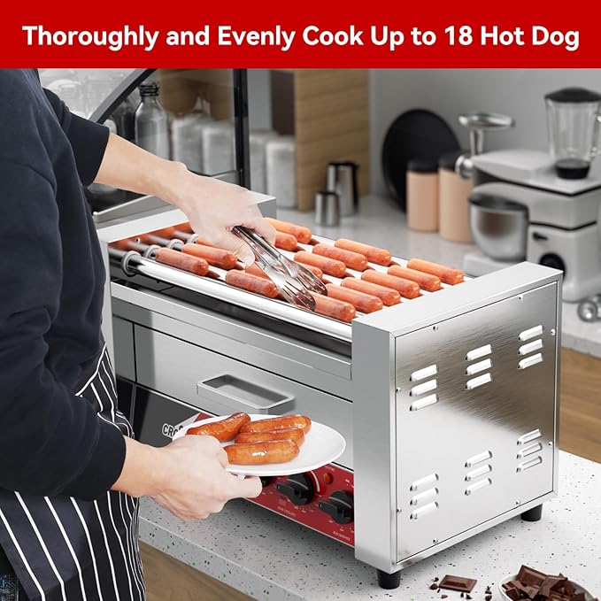 CROSSON Hot Dog 7 Roller with Bun Warmer,Commercial 7 Nonstick 304 Roller Grill Cooker Machine-120V, 1350W