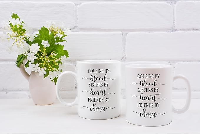 QASHWEY Cousins by Blood Sisters by Heart Friends by Choice Coffee Mug, CousinGifts, Cousin Gifts for Women, Birthday Christmas Gifts for Cousins Women Coffee Cups Ceramic 11oz, Cousin Tea Cup
