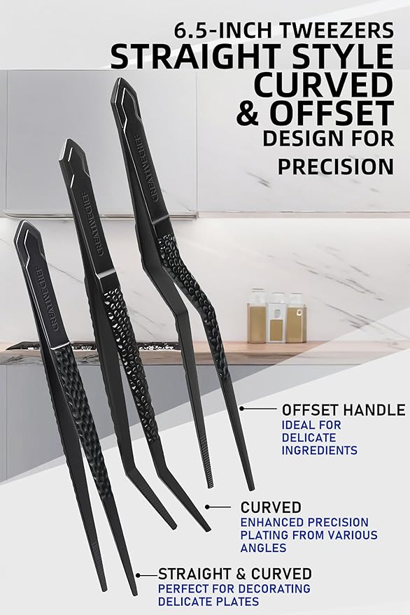 CREATIVECHEF Culinary Tweezers | High Precision Titanium Tweezer Set | 6pcs Cooking Tweezers in a Beautiful Box | Cooking Decorative Chef Tools | Food Styling | Plating & Cooking | Lightweight version