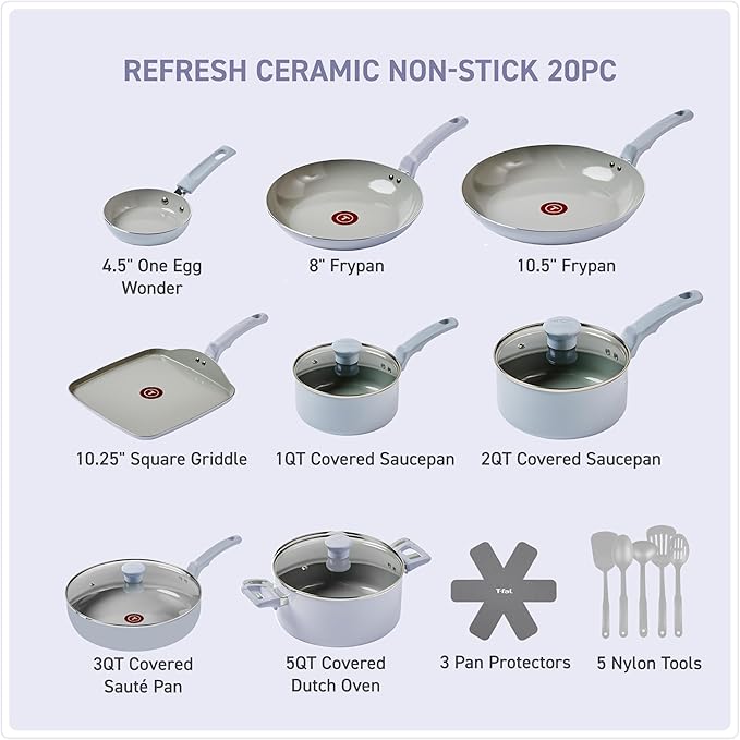 T-Fal Refresh Ceramic Nonstick Cookware Set, 20-Piece, Oven Safe to 350째F, Includes Stockpot, Griddle, Frying Pans, Utensils, Ceramic Pots and Pans Set, Blue