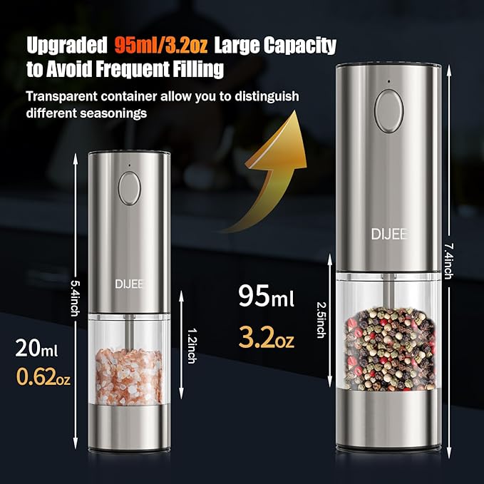 Rechargeable Pepper Grinder Mill Electric Rechargeable Usb Type-C Salt and Pepper Grinder Set Automatic Large Capacity Automatic Salt Pepper Mill Grinder with LED Light for Kitchen, 1 Pack