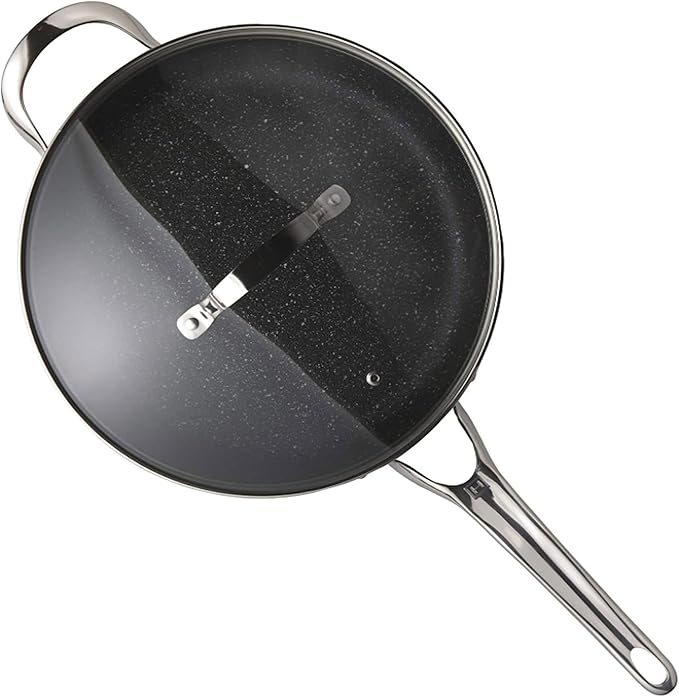 Starfrit The Rock Classic 11" (28cm) Non-Stick Deep Fry Pan with Helper Handle and Glass lid - Durable Forged Aluminum - Oven Safe - PFOA Free - Easy to Clean
