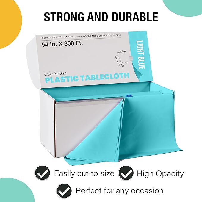 Exquisite Light Blue Plastic 54x300 inches Tablecloth Roll with Built-in Cutter, 300 Feet, Rectangular, All-Season, 1 Count