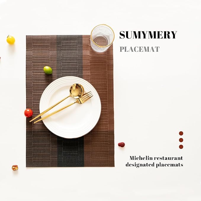 SUMYMERY Placemats Set of 12 Vinyl/Plastic Woven Place Mats for Kitchen Table Indoor/Outdoor Washable Placemat Wipeable Dining Table Mats (Ombre Brown Black,12)