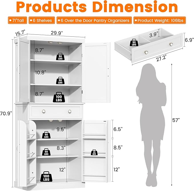 72" Tall Kitchen Pantry Cabinet, White Pantry Storage Cabinet with Adjustable Shelves, Barn Doors and Drawer, Farmhouse Cupboard for Kitchen, Dining Room, Bathroom (16" D x 30" W x 72" H)