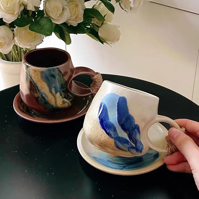 Small 8oz Unique Vintage Retro Japanese Handmade Ceramic Cappuccino Barista Cup with Saucer ??Artisanal Stoneware Coffee Mug,Handmade Pottery tea mug mor tea cup,Lead-Free Latte Art Mug, (1, White)