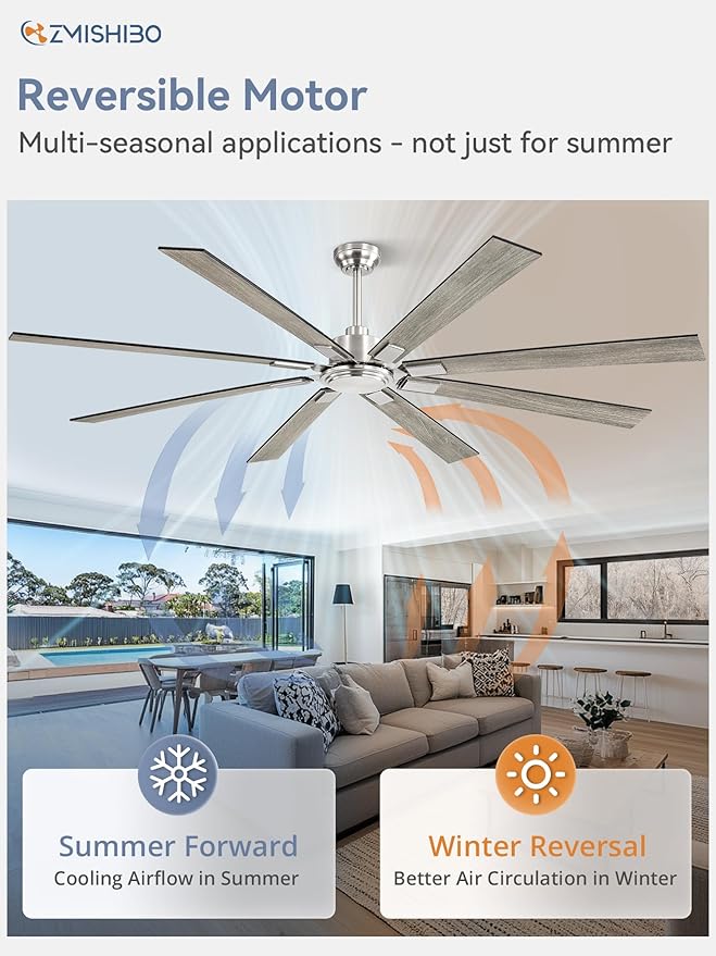 80 Inch Ceiling Fan No Light with Remote Control, 8 Blades Quiet DC Reversible Motor, 6-Speed, Timer, Brushed Nickel Finish, Indoor Outdoor Ceiling Fans for Patios, Living Room, Garage