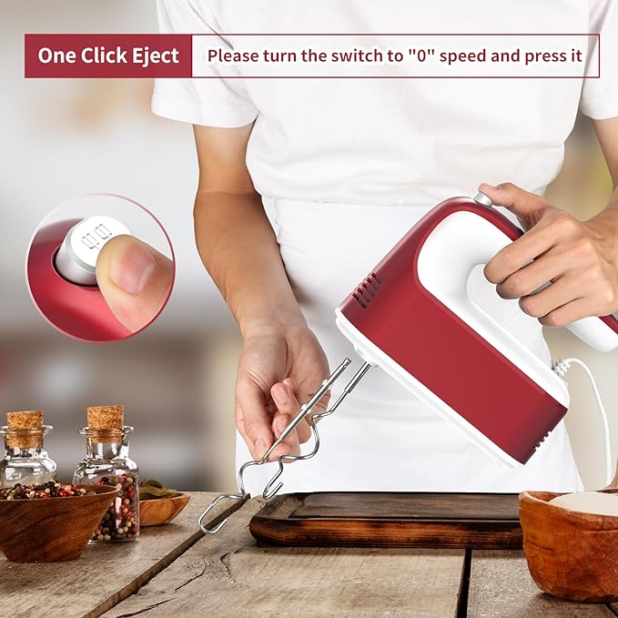 9-Speed Digital Hand Mixer Electric, 400W Powerful DC Motor, Baking Handheld with Snap-On Storage Case, 5 Stainless Steel Accessories, Flat Beaters, Dough Hooks, Whisk(Red/White)