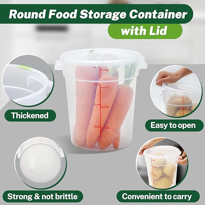 Round Food Storage Container with Lid, 4 Qt Translucent, Commercial 4 Pack of ??NSF Listed, BPA-Free, Polypropylene, Non-Stick, Scale, with Labels & Measuring Cups