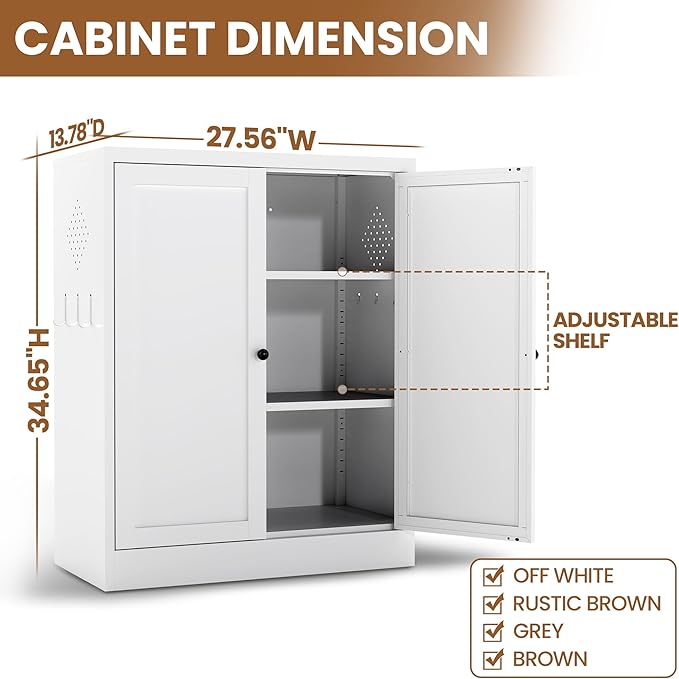 Metal Pantry Cabinet with 2 Adjustable Shelves, Small Kitchen Cupboard Storage Cabinet for Dining Room Living Room Bathroom Office(White)