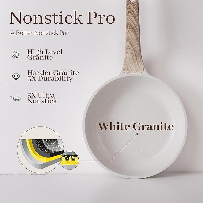 13-Piece Nonstick Pots and Pans Set ??Granite Stone Kitchen Cookware Set, PFOA-Free ??Includes Frying Pans, Saucepans, Saut챕 Pan ??Induction Compatible, White