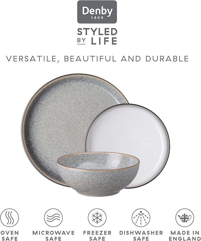 Denby - Studio Grey & White Dinner Set For 4-12 Piece Ceramic Stoneware Tableware Set - Dishwasher Microwave Oven Safe - Scratch Chip Resistant