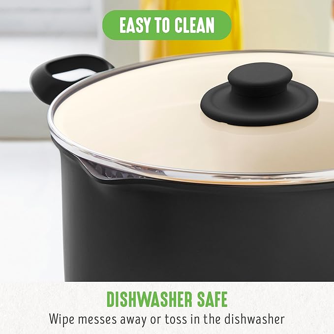 GreenLife 6QT Ceramic Nonstick Stockpot with Glass Straining Lid, PFAS-Free, Dishwasher Safe, Stay-Cool Handles, Oven Safe to 350째F, Wobble-Free Base, Even Heating, Black