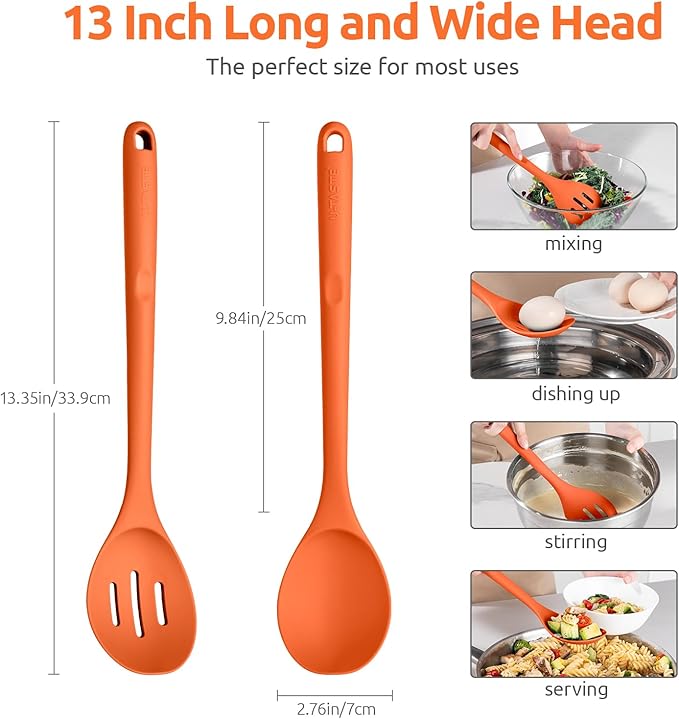 600쨘F Heat Resistant Silicone Spoons: U-Taste 13.3in Solid & Slotted Kitchen Cooking Spoon, Nonstick Long Rubber Utensil, Sturdy for Mixing, Serving, Stirring, Frying, Draining (Orange, 2PCS)