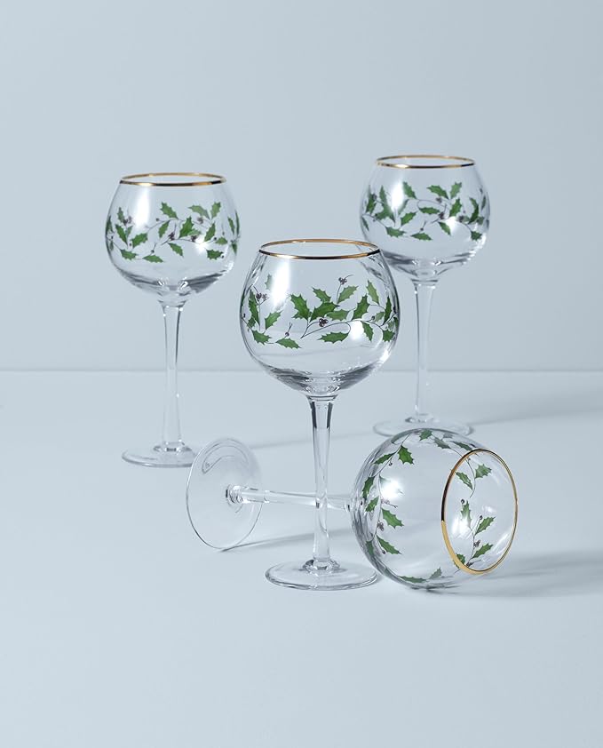 Lenox Drinkware, Holiday 4-Piece Wine Balloon Glass Set, Set Of 4, 14 Fl Oz Capacity, Made From Glass, Festive Red Christmas Design, Hand Wash Only, Christmas Decorations, Winter Decor (4 Piece)