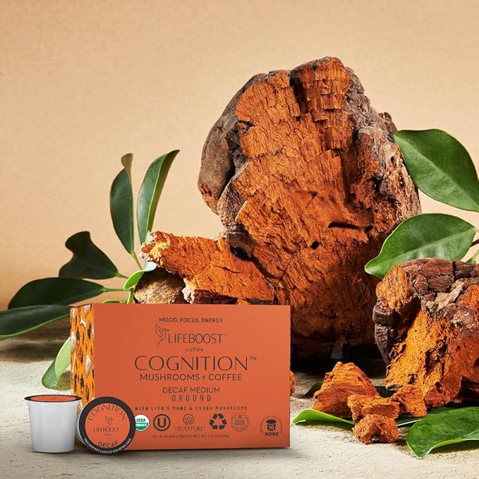 Lifeboost Cognition Decaf Mushroom Coffee Pods ??Organic Low Acid Decaf K-Cups with Lion?셲 Mane & Chaga Adaptogens ??Nootropic Coffee for Focus, Energy & Immune Support ??10 Count