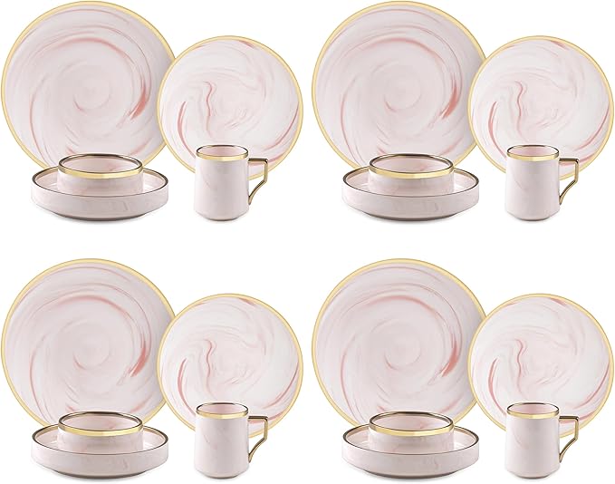 20 Piece Plates and Bowls Sets, Fine China Artisan Marbled Dinner Set for 4, Dishwahser Safe, Scratch Resistant, Pink with Gold Line