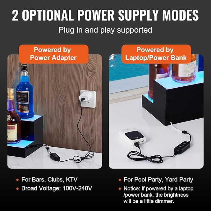 VEVOR LED Lighted Liquor Bottle Display, 2 Tiers 24 Inch Commercial Illuminated Home Bar Shelf, 2 Steps Whiskey Rack Stand, Acrylic Drink Shelves with RF Remote & App Control, and Multicolor Light