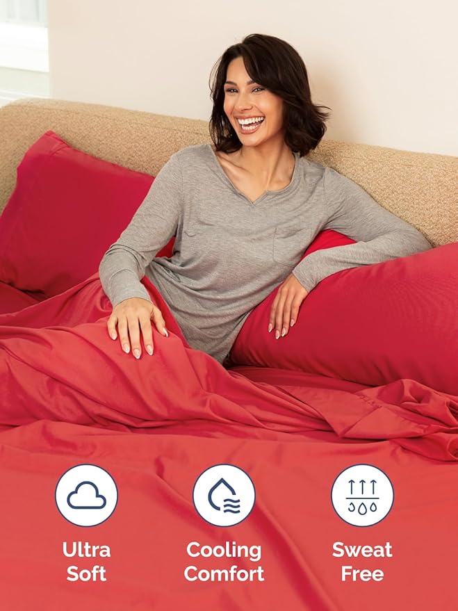 Extra Deep Pocket Cal King Sheets - 4 Piece Breathable & Cooling Bed Sheets - Hotel Luxury Bed Sheet Set - Soft, Wrinkle Free & Comfy - Easily Fits Extra Deep Mattresses - Deep Pocket Red Sheets Set