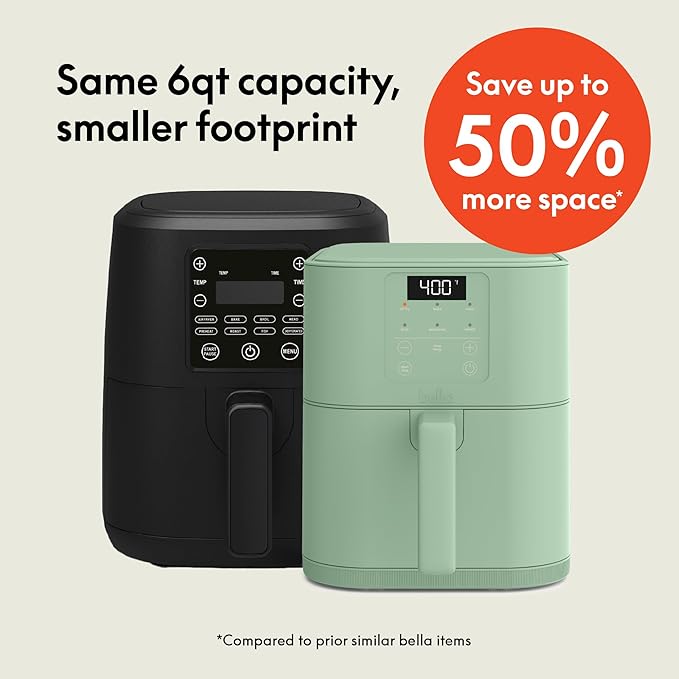 bella 6 Qt Slim Air Fryer, Fits-anywhere??Kitchenware, EverGood??Ceramic Nonstick Coating, Adjustable Temperature, 6 Preset Cooking Options, 60 Min Auto Shutoff w Audible Tone, 5lb Capacity, Seaglass