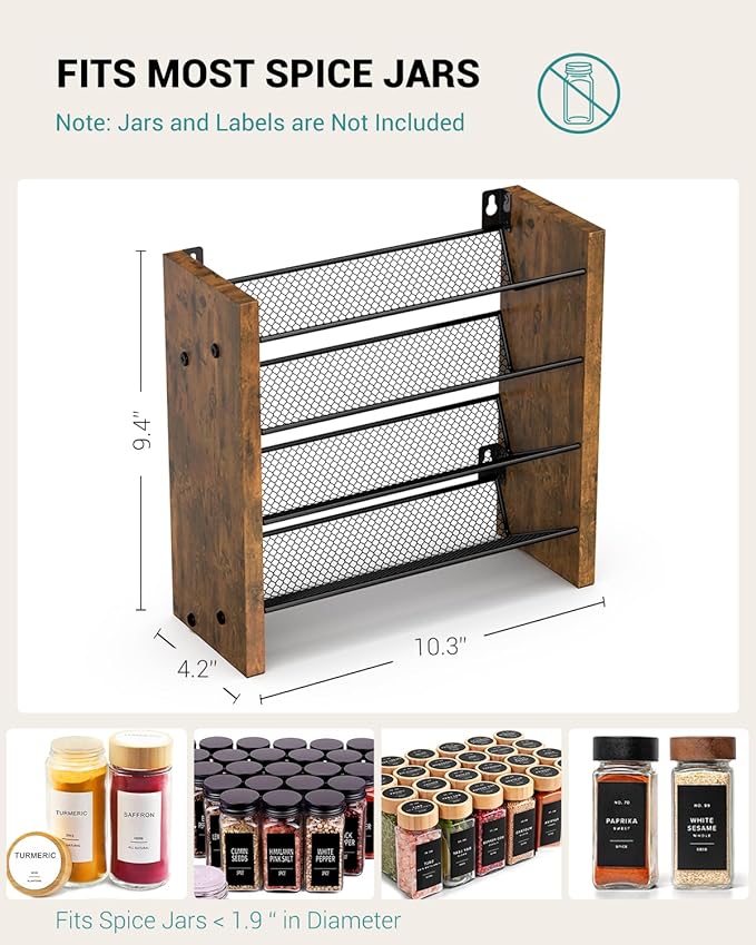 NESAPTO Spice Rack Organizer for Cabinet, Wooden 4 Tier Vertical Seasoning Organizers for Kitchen Pantry, Countertop/Wall Mount, Holds 20 Spice Jars (No Jars Included),10.3" W 횞 9.4" H
