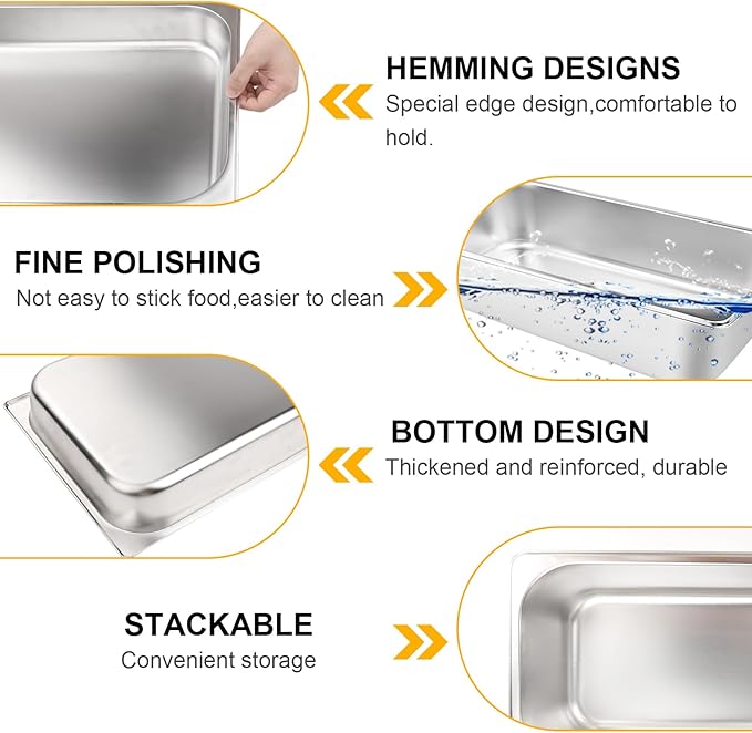 VOISEN 2 Pack Hotel Pans,1/1 Size 4" Deep,Anti-Jamming Steam Pan,Commercial Stainless Steel Pan, Steam Table Pans Full Size