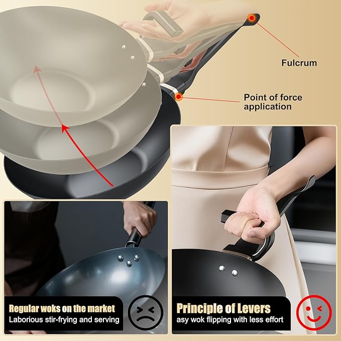 Carbon Steel Wok Pan, Non-stick saut챕 pan,13 Inch Woks & Stir-fry Pans Nonstick with Ergonomic Handle, Cookware, Pots and Pans,Versatile Bottom Chinese Woks for All Stoves