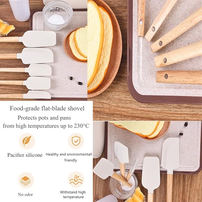 Non-Stick Rubber Spatula Set 5 Pieces - Food Grade Silicone Spatulas, Spoon Scraper, Jar Scraper, Flat Scraper for Baking Cooking Mixing Frosting - 600째F Heat Resistant (Cream White)