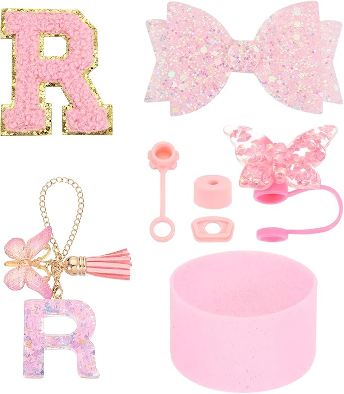uxcell 8Pcs Cup Accessories Set for Cup Tumbler with Handle, Including Silicone Straw Cover, Boot, Spill Proof Stopper, Handle Charm, Initials Sticker(Letter R, Pink)