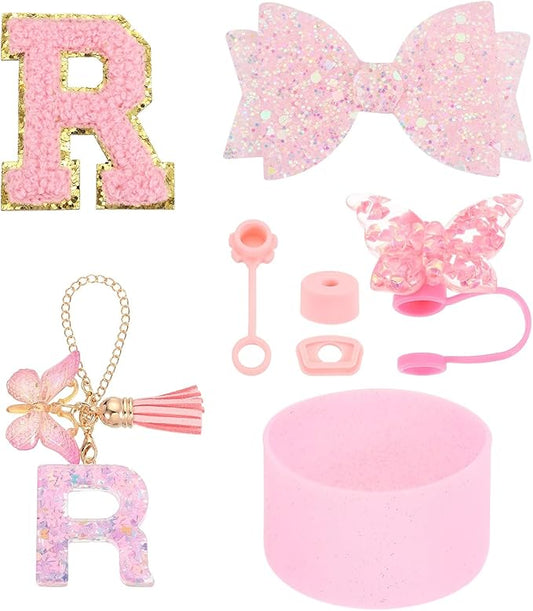 uxcell 8Pcs Cup Accessories Set for Cup Tumbler with Handle, Including Silicone Straw Cover, Boot, Spill Proof Stopper, Handle Charm, Initials Sticker(Letter R, Pink)
