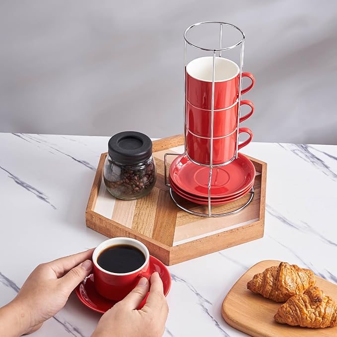 8oz Porcelain Cappuccino Cups with Saucers and Metal Stand, Stackable Coffee Cups for Specialty Coffee Drinks, Cappuccino, Latte, Espresso, Americano and Tea - Cups Set of 4, Red