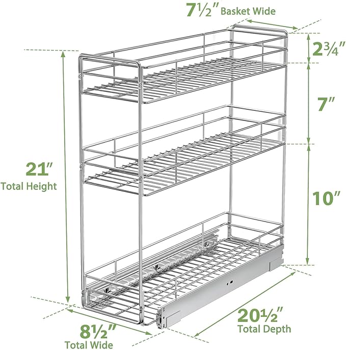 Pull Out Spice Rack Cabinet Organizer 8쩍" W x 20쩍" D, 3 Tier Heavy Duty Sliding Spice Cabinet Organization for Narrow Cabinet, Pull Out Shelves for Kitchen