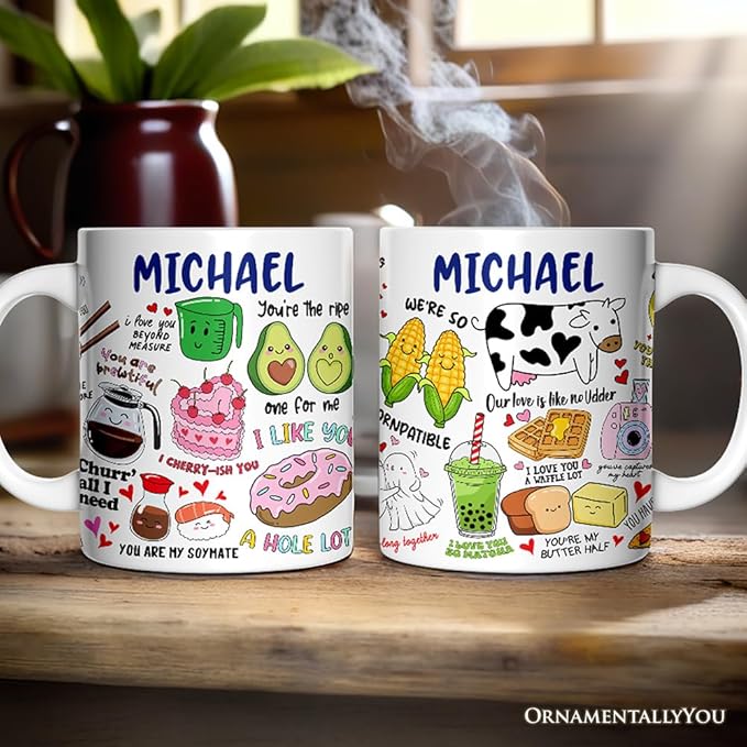 OrnamentallyYou Hand Drawn Corny Love Puns Personalized Valentine Mug with Custom Name